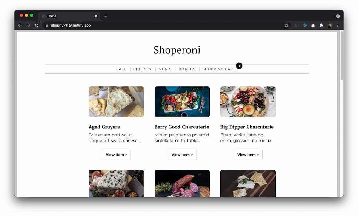 Screenshot of example site showing a gallery of meats and cheese available to purchase