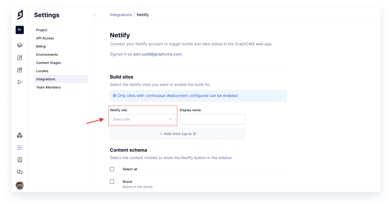Netlify Sites build settings in GraphCMS integration settings